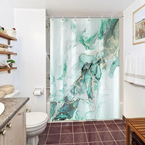 Duschvorhang Grün Gold, Uiiooazy Duschvorhang Marmor Optik Türkis Abstrakt Marmoriert Duschvorhäng Antischimmel Wasserdicht Polyester Stoff Waschbar Bad Vorhang mit 10 Haken für Badezimmer 150Bx200Hcm