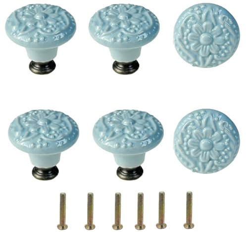 Mimhooy 6 Pcs Vintage Cabinet Pulls, Retro Dresser Knobs, Decorative Flower Knobs for Cupboards & Draws Sky Blue, Furniture Pull Handles
