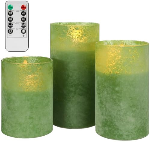 Mingfuxin Green Flameless Candles with Remote, Real Wax Battery Operated Candles with Timer, Set of 3 Electric LED Pillar Fake for Party Halloween Christmas Home Living Room Decor