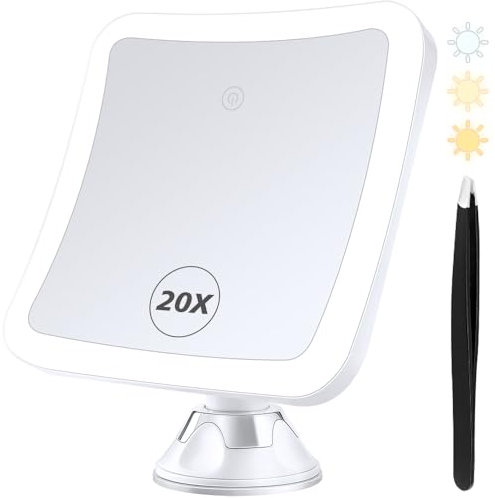 Miroir Grossissant Avec Lumière 20x - Cosmétique à 360 Degrés Avec Ventouse - Éclairage Tricolore Réglable