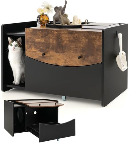 COSTWAY Meuble Litiere Chat en Bois, Meuble Cache Litiere 3 en 1, Tiroir Coulissant, Porte Rabattable, Crochet Latéral, Maison de Toilette Chat Industriel, 2 Trous Ventilés, 78 × 50 × 51.5 cm