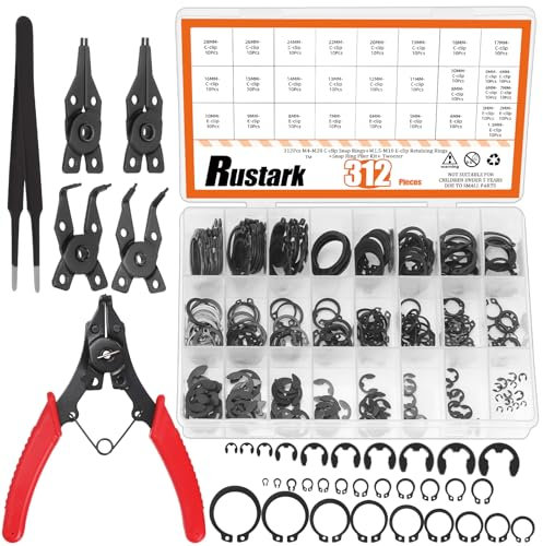 Rustark 312 Stück 4 in 1 Sprengringzange mit M1.5-M10 Schwarz E-Clip Sicherungsringe Sortiment Set und M4-M28 C-Clip Externe Sicherungsringe Satz mit Pinzette