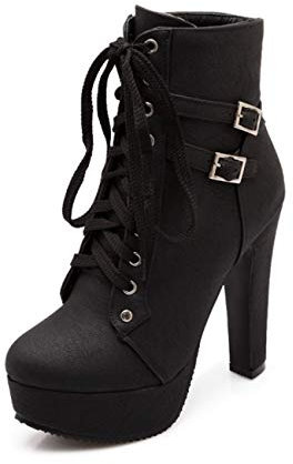 WOOD MEETS COLOR Donne autunno punta rotonda caviglia fibbia chunky tacco alto piattaforma cavaliere stivali（Black C-3，41）