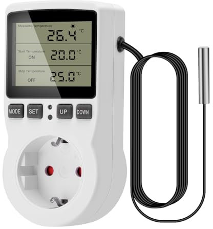 Thermostat Steckdose Heemol Bildschirm mit Hintergrundbeleuchtung, 230 V Digitale Thermostatsteckdose, frostsicherer Thermostat mit Sensor, für Kühlschränke, Aquarien, Farmen(Europäischer Stecker)