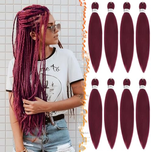 BARSDAR Cheveux Tressés Pré-étirés, 66cm 8 Packs Rouge Longue Pre Stretched Braiding Hair pour Tresses Africaine Synthétique Crochet Braiding Extensions de Cheveux - 900# Bourgogne