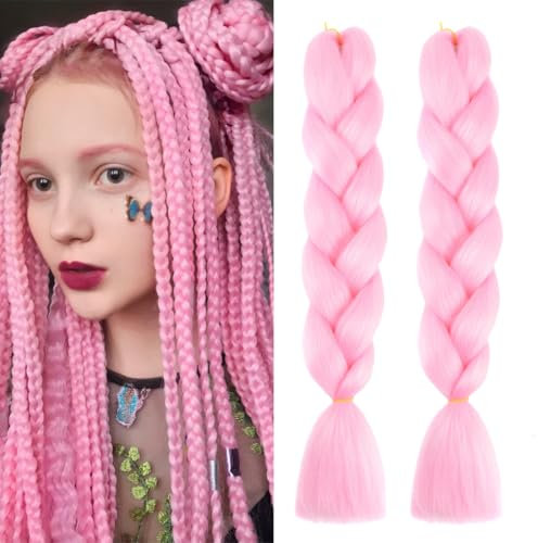 Extensiones para Trenzas, Extensiones de Pelo Trenzas Africanas 2 Paquete 24 Pelo Sintetico para Trenzas Africanas Sintetico Extensiones de Trenzado Cabello Braiding(Rosado)