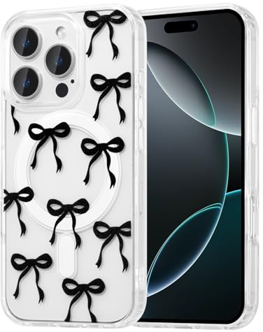 UEEBAI Magnetisch Hülle für iPhone 12 Pro Max, Schwarz | Schleife Transparente Handyhülle mit Kabelloses Laden, Kameraschutz Anti-Vergilbung Schutzhülle, Stoßfeste Bumper Cover Case