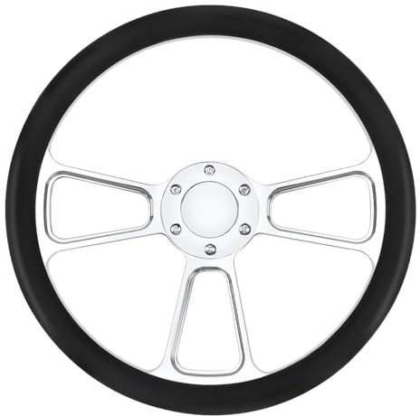 Acclcors Universal Racing Lenkrad, 14 Zoll 6 Loch Silber Aluminium 3 Speichen Klassisches Vintage Lenkrad mit Horn Tasten Leder Griffe für Racing/Rally/Motorsport