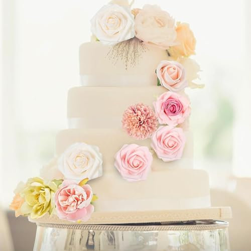 9 PCS Artificial Rose Flowers Leaves Cake Decorations, Cake Toppers Decorations, Pink Rose Flower Cake for Wedding Bridal Shower Anniversary Birthday Party