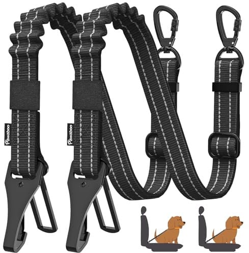 Pawaboo 2Pack Dog Seatbelt for Car, 3-in-1 Dog Car Seat Belt Bungee, Shockproof Dogs Tether with Buckle & Hook Latch, Adjustable Reflective Dogs Cars Harness Leash with 360° Lockable Buckle,Black