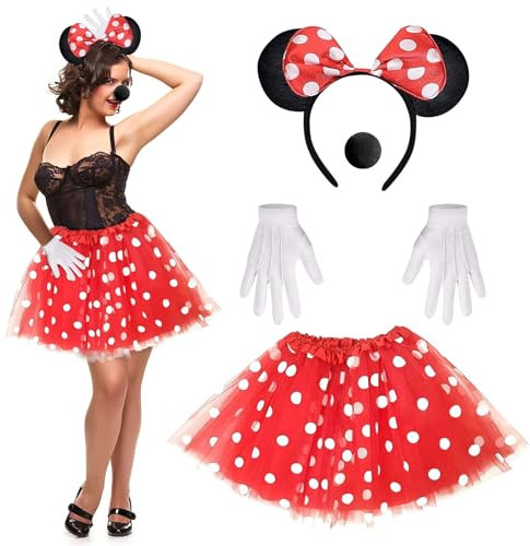 Dwafill Costume de Souris, 4-Pack Costume Carnaval, Avec Serre-Tête Oreilles Souris, Nez Souris, Jupe Tulle Rouge, Gants Blancs, Adultes, Enfants, Déguisement Carnaval Femme (Rouge, Adulte)