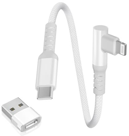 Basesailor Winkel USB C auf Lightning Ladekabel 0.3M mit USB A Adapter,90 Grad Kurz Kable,Typ C Netzteil PD Schnellladekabel für iPhone 11 12 13 14 Mini Pro Max SE,APPLE IOS Airpods 2 3,iPad 9 8 7 Gen