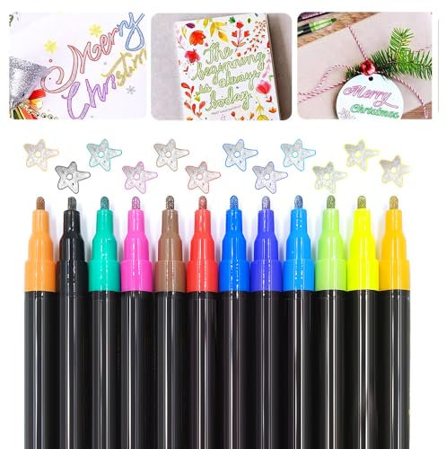 Textmarker mit Zwei Linien, 2025 Neuest Highlighter, Metallic Stifte für Fotoalbum zum DIY Scrapbook Selbstgestalten und Gästebuch Hochzeit, Marker Stifte für Kinder Geschenk und Schulbedarf (12)