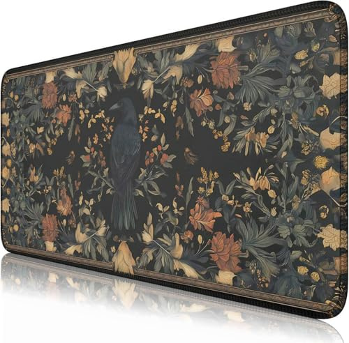 Nasdalgias Raven Blackbird Floral Dark Academia Schreibtischunterlage, Mauspad, XXL, großes Gaming-Mauspad, Cottagecore, Schreibtisch, matt für Schreibtisch, für Büro, Computer, Tastatur, Laptop und