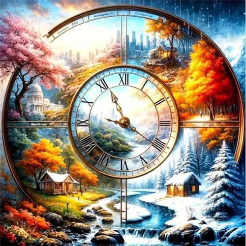 Diamond Painting Erwachsene 5D Vier Jahreszeiten Uhr 50x50cm Diamant Painting Bilder Anfänger Strass Diamant Kunst Kits,DIY Square Full Drill Stickerei Diamant Arts Malerei für Home Wanddekoration