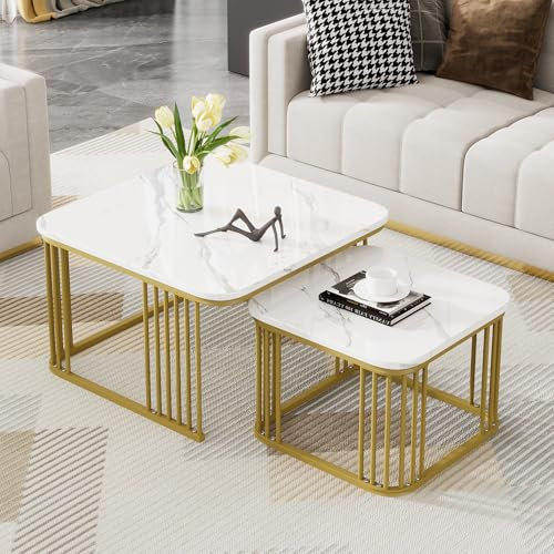 Lcoho 2er Set quadratische Hochglanz-Marmoroptik-Couchtische, ineinander schiebbare Tische mit goldenen Beinen, 70x70x45cm und 50x50x36,5cm, vielseitig einsetzbar