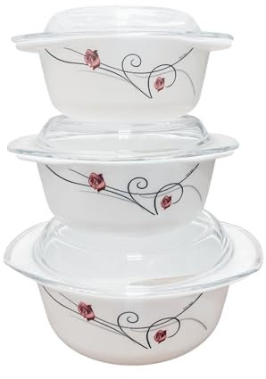 Reldor 3 Pcs Glass Casserole Dishes with Lids, Freezer, Microwave & Dishwasher Safe, Casserole Dish Set with Carry Handles, Break Resistant, Serving Dishes (1 + 1.5 + 2.5 Ltr), Small Rose