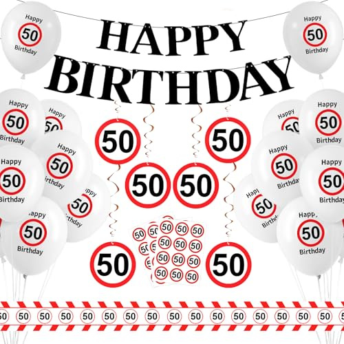 50 Geburtstag Deko Set, 50 Happy Birthday Ballon Rot Weiß, Verkehrsschild Geburtstag Deko mit Luftballons, Girlande, Aufkleber, Luftschlangen, zum Männer Frauen 50 Jahre Geburtstagsdeko Party Zubehör