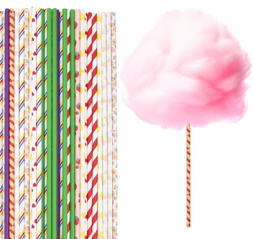 lasuroa 50st Zuckerwattestäbchen, 30cm Zuckerwatte Tüten Bunter Bonbonhalter Papierstrohhalme Zubehör für Hochzeitsfeiern und Geburtstage