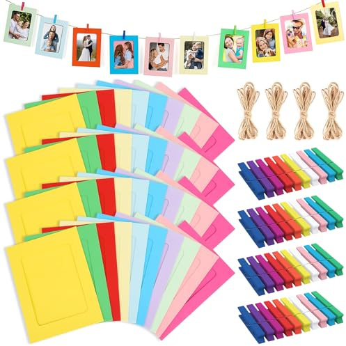 TTYSHIP® 40 Stück Bilderrahmen Papier, 11,5 x 15,5cm Bilderrahmen Pappe Bunt mit 40 Holzklammern Klein und 4 Hanfseil für Zuhause Schule Büro Wand Dekoration
