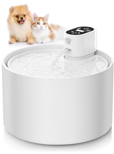 Fontaine d'eau automatique en céramique pour chat, distributeur d'eau sans fil de 2,3 L avec affichage de la température et du niveau d'eau, 3 modes de boisson, pompe ultra silencieuse, pour chats