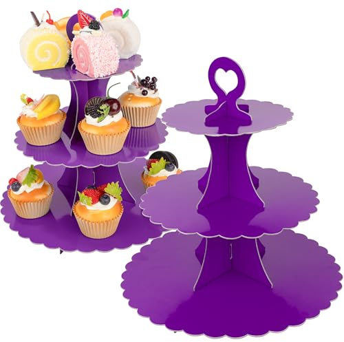 3-Tier Cupcake Stand 2 Pack Dessert Cup Cake Stand Tower Paper Round Cake Display Serving Plate for Anniversary Christening Disposable Pastry Holder for Birthday Wedding Party Decoration (Purple)