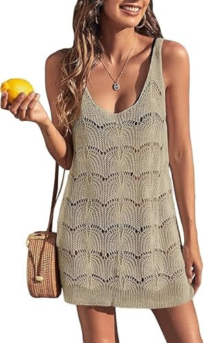 Saodimallsu Robe d'été bohème sans manches pour femme - Robe de plage sexy - Crochet - Bikini Cover Up - Robe de loisirs, kaki, L