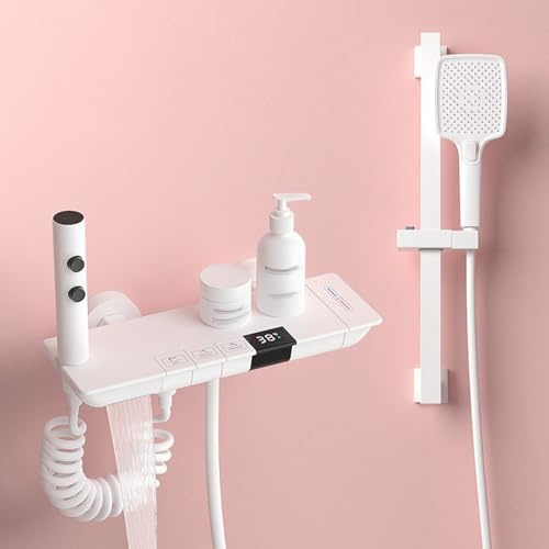 Wasserhahn Bad für Waschbecken Mischbatterie Dusche Wandmontage Duschthermostat Weiß Badewannenarmatur Wasserfall mit Brause und Anhebbare Duschstange