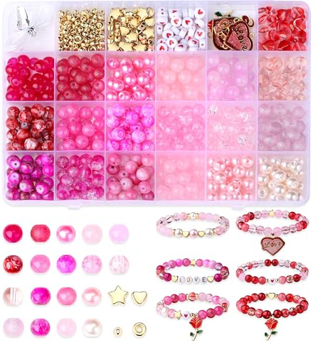 AWARDSEN 8 mm Valentines Pink Beads Bulk Round Pink Red Glass Beads for Jewellery Making, Earrings, Necklaces & Phone Charm Bracelets Charms Valentines DIY Kits (580 PCS)