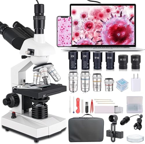 Microscopio óptico trinocular, aumento de 40 a 5000x, microscopio científico profesional con cámara USB y mesa mecánica