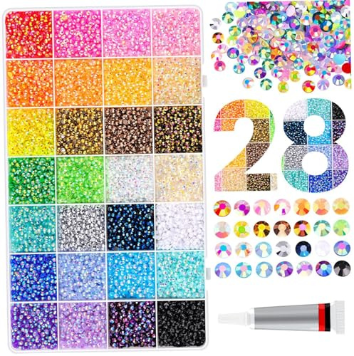 30000PCS Strass en Résine pour Bedazzling, Kit Bedazzling avec 10ml de Colle 28 Strass Colorés avec Dos Plat pour DIY Artisanat Chaussures Vêtements Lunettes Nail Art 0.3cm, Décoration de jardin