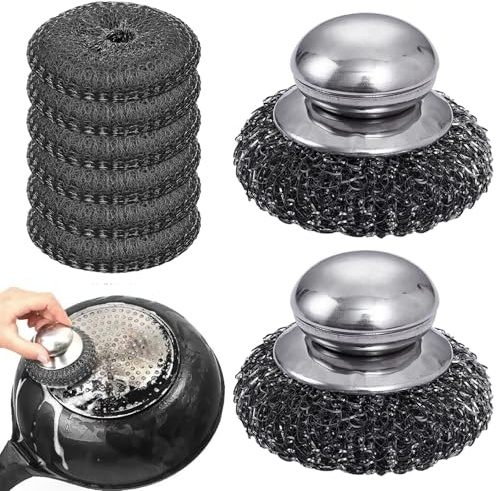 NiceNaiils 8 Pcs Estropajo Cocina con 2 Pcs Manejar Estropajos Alambre de Acero Lana de Acero Esponja Cocina Reutilizable Estropajos Cocina Inoxidable para Limpiar Platos, Sartenes, Fregadero