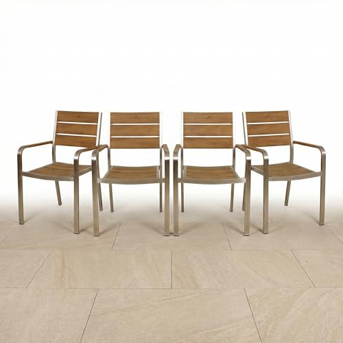 Schauer Gartenstuhl Florence 4er-Set | Gartenmöbel Set Aluminium & Nonwood Teak-Optik Champagner | Gartenstuhl Stapelbar mit Armlehnen | Balkonmöbel Wetterfest & Pflegeleicht