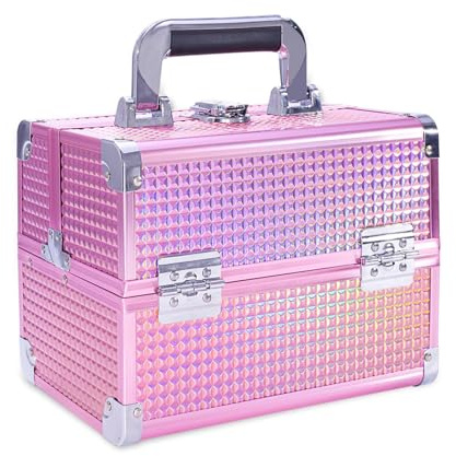 Kosmetikkoffer Aluminium Schminkkoffer mit Spiegel, Tragegriff & Schloss, Multifunktional Make-up Beautycase zur Aufbewahrung von Kosmetik und Zubehör (Rosa)