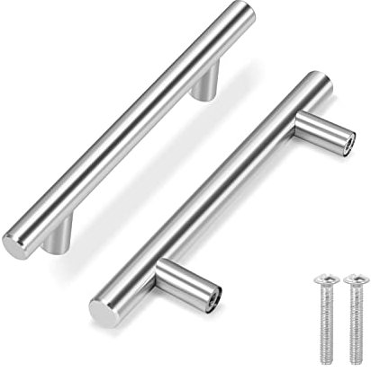Flexzion 10 Pack Kitchen Cabinet Handles Silver Drawer Pulls 6 inch, 3.8 inch Hole Center, Solid Stainless Steel T Bar with Satin Brushed Nickel, Hardware for Kitchen Cupboard Door Bathroom Furniture
