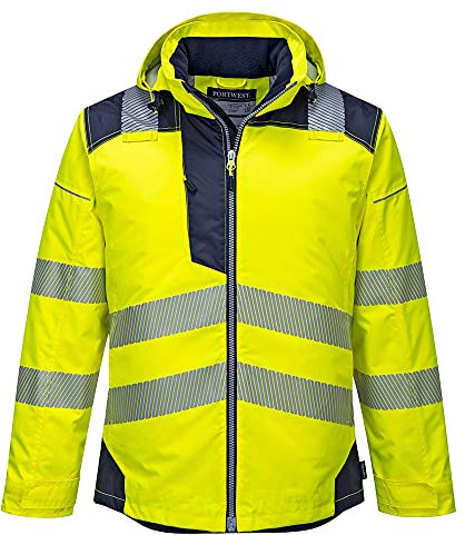 Portwest T400 Men's PW3 Lightweight Hi Vis Hooded Work Jacket Reflective Full Zip Safety Utility Quilt Lined Waterproof Workwear Yellow/Navy, X-Large