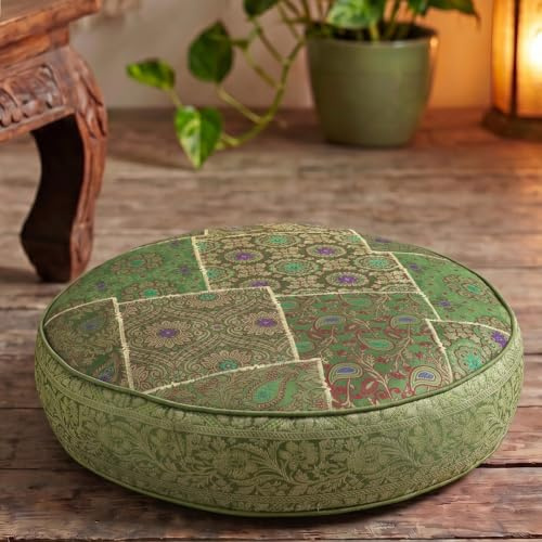 GURU SHOP Orientalisches Patchwork Kissen 40 cm, Sitzkissen, grün | Einzigartige Patchworkmuster, Reißverschluss, ideal für Entspannungsecken, vielseitig einsetzbar, Baumwollfüllung, Viskose.