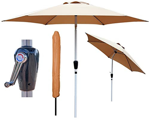 GlamHaus Garden Parasol Tilting Table Umbrella, UV40+ Protection, 2.7m, Includes Protection Cover, Crank Handle, Gardens and Patios - Robust Aluminium - (Khaki Sand)
