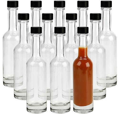 BELLE VOUS 12 Pack Sauce & Liquor Bottles - Glass 150ml (5 fl oz) Empty Spirit Bottles with Leak Proof Black Screw Caps - For Hot Sauce, Oils & Dressings - Small Bottles for Weddings and Parties
