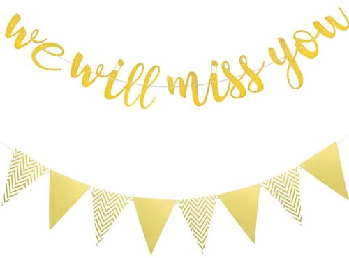 We Will Miss You Banner Gold Glitzer Abschluss Banner und Dreieck Flagge Banner für Ruhestand Abschied Büro Weggehen Arbeit Party Dekorationen