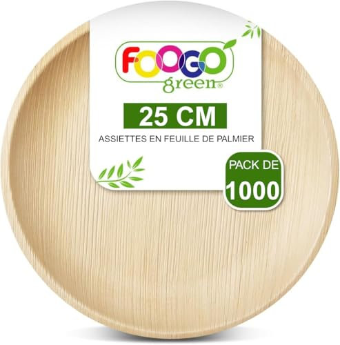 FOOGO Green 1000pcs Disposable Palm Leaf Plates, 10(25cm) Large Round, Eco Friendly Biodegradable Compostable Like Wooden, Bamboo, Paper Plates, for Hot Food, Wedding Picnic Parties