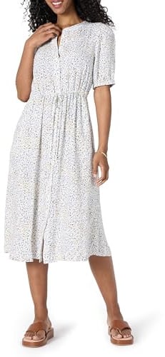 Amazon Essentials Women's Relaxed-Fit Half-Sleeve Breathable Button-Front Drawstring Waist Midi A-Line Dress with Pockets