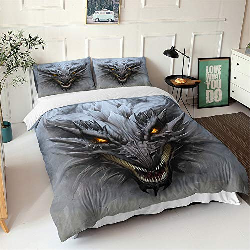 Chickw1 Sets de Housses de Couettes 3D, Dragon Imprimé Microfibre Parure de Lit 3 Pièces avec Housse de Couette et Taies d'oreiller pour Lit 1 ou 2 Personnes (Impression de Dragon,140x200cm)