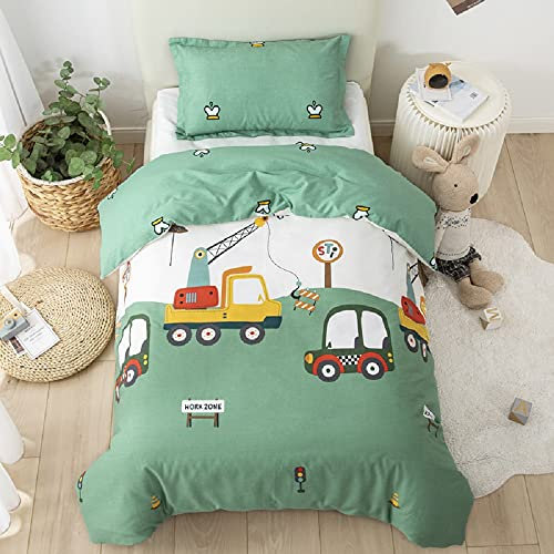 Sacebeleu Kinder Bettwäsche 135x200cm Jungen Auto Baumwolle Grün Bagger Motive Kinderbettwäsche Bettbezug und Kissenbezug 80x80cm mit Reißverschluss