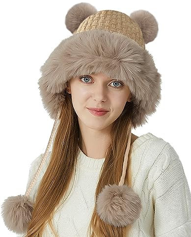 JFAN Warm Mütze Bommelmütze Damen Pudelmütze Winter Ski Mehrfarbig Mode Gehäkeltes Fell Strickmütze Braun One Size