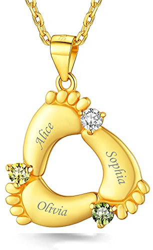 Custom4U Namenskette S925 Silber/Edelstahl Halskette Personalisierte Baby Fuß Kette Silber/18K Vergoldet Geburtsstein Baby Füße Halskette mit 1-5 Namen Geschenke für Mutter Mama Oma
