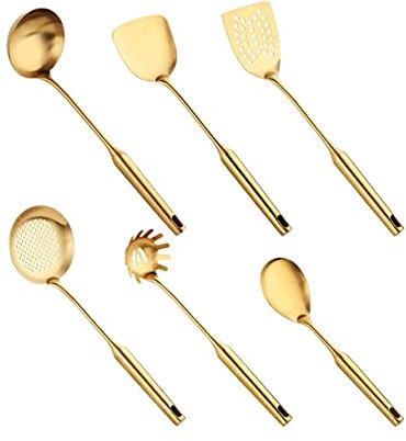 WERCHW 6 piezas de acero inoxidable Cocinar Set - Wok utensilios Conjunto, 304 Sopa de acero inoxidable Cuchara, Pasta servidor for la cocina del hogar Utensilios de cocina, anti-quemaduras Cocinar pa