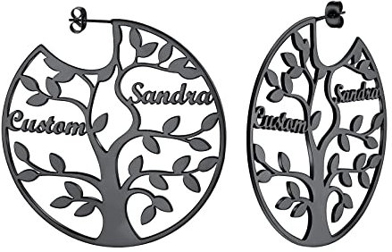 Custom4U Creole avec Prénom Gravé Boucle doreilles Arbre de Vie Femme Noir Bijoux 2 Noms Personnalisable