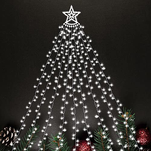 SALCAR Outdoor Christmas Lights, 3.5m x 9 Strands Star Fairy Lights with a 30cm Topper Star, 350 LED 8 Lighting Modes Christmas Decorations for Indoor Outdoor Garden Yard Tree Decor - Cool White