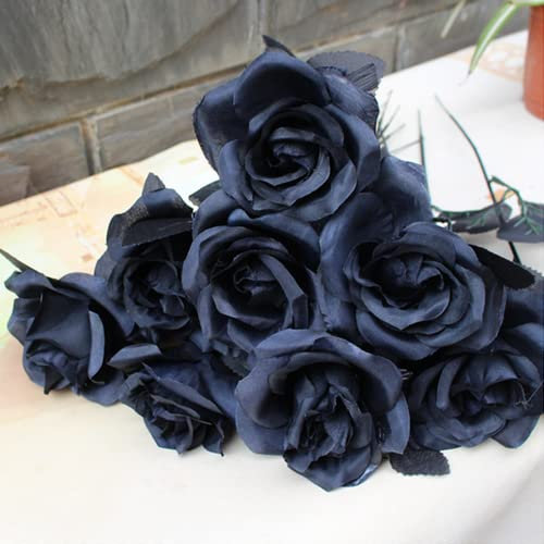NatureMan 10 rose artificiali, rose nere, a stelo singolo, fiori realistici in seta, fiori per decorazione per feste, bouquet da sposa, decorazione di Halloween (nero)